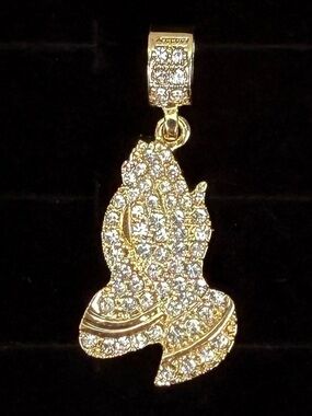 Praying Hands Gold Tone Pendant Charm Pave Prayer Religious Blessing
